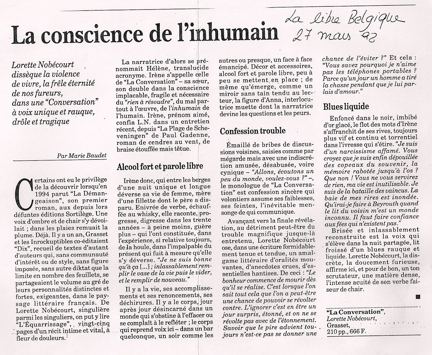 La Libre Belgique, 27 mars 1998